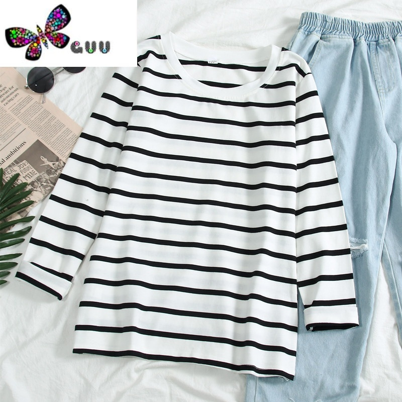 语娄2023装新款黑白条纹打底衫女长袖韩版宽松百搭t恤学生上衣服