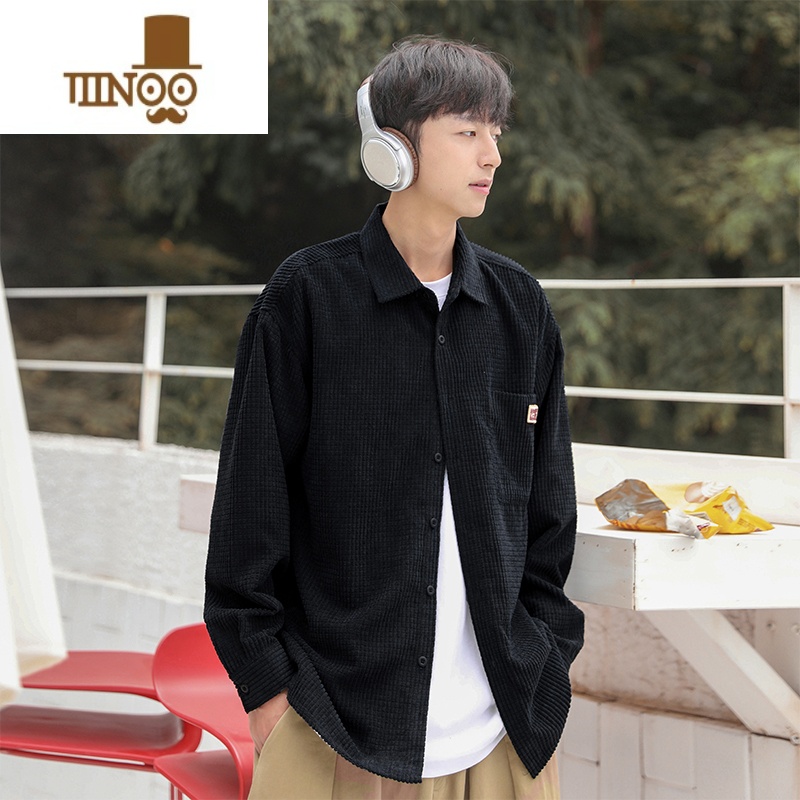 YANXU美式复古华夫格灯芯绒衬衫男长袖新款外套痞帅日系上衣服潮高清大图