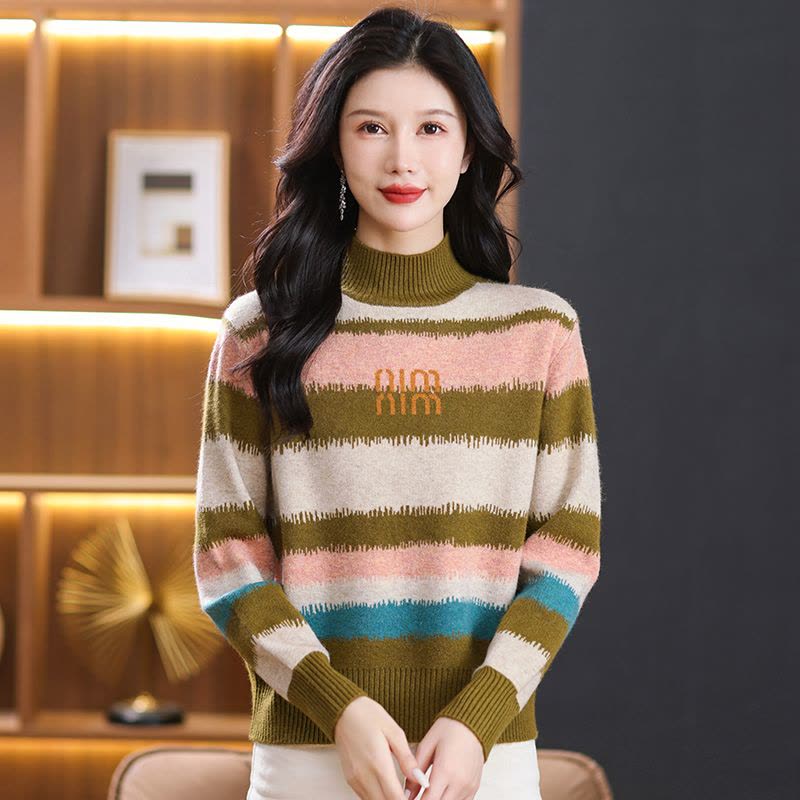 春春秋羊绒衫女半高领春秋装新款加厚羊毛衫女套头针织衫印花显瘦打底毛衣女专柜正品套头女士毛衣高端羊绒衫年轻漂亮打底衫女装图片
