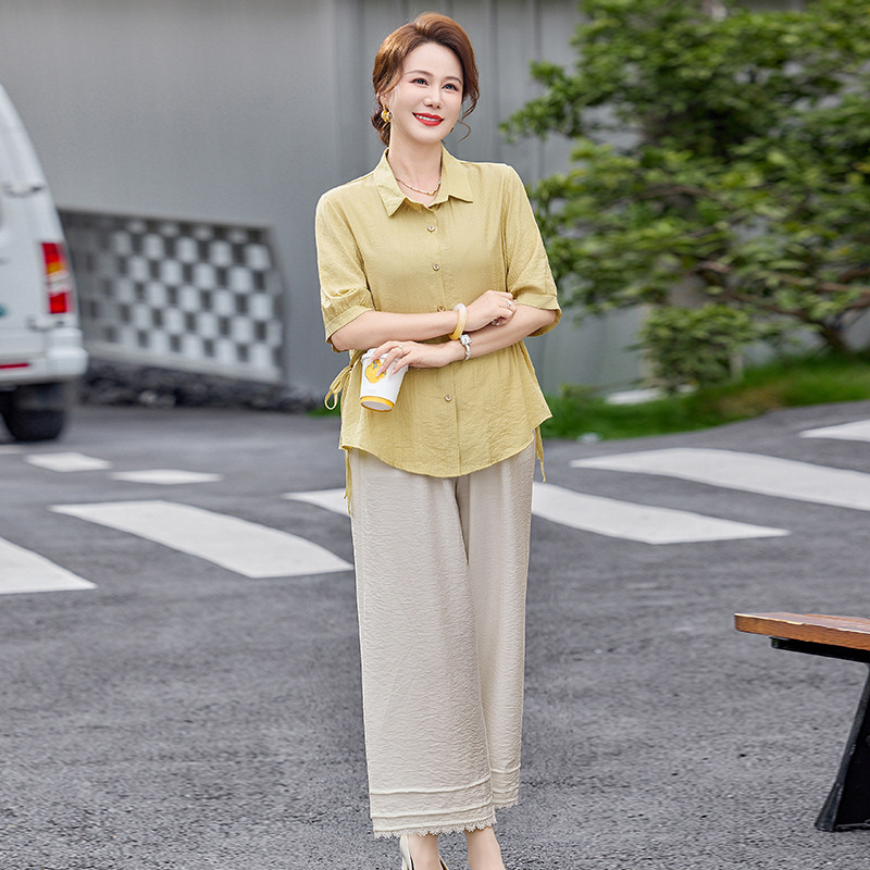 纤孜雅 夏季时尚中年妈妈装衬衫中袖宽松洋气中老年女装夏装休闲气质套装高清大图