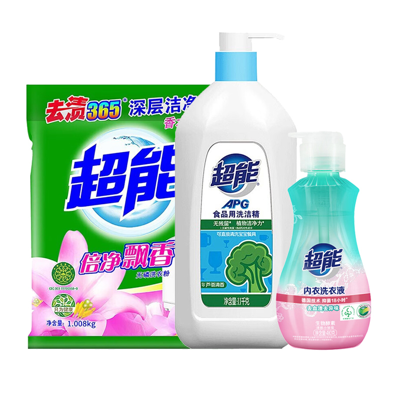 超能组合装(内衣洗衣液 480g+食品用洗洁精 1.1kg+(飘香)洗衣粉1.008kg)