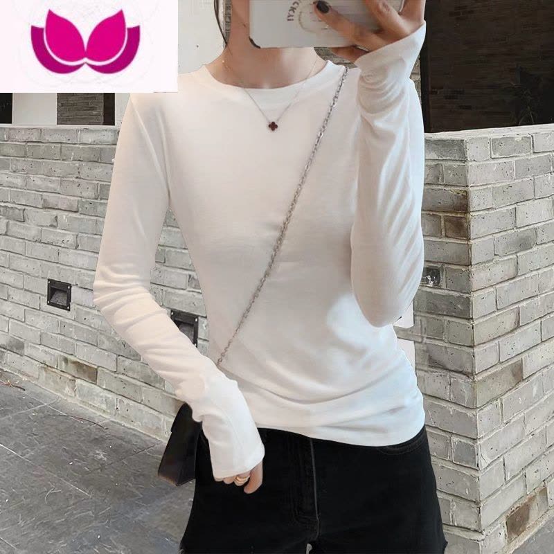 七斓早春白色长袖t恤女2023年新款漂亮纯色圆领上衣欧货修身打底衫ins图片