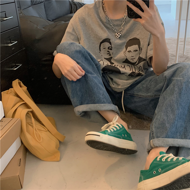 pass春季新款宽松加厚棉质朋克头像印花短袖女套头t恤