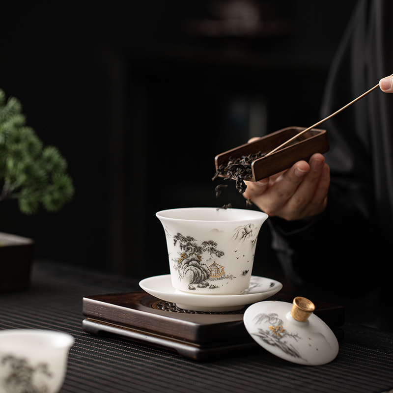 苏氏陶瓷(SUSHI CERAMICS)素烧羊脂玉瓷翠山迎客一碗两杯国家一级技师王文克老师作品