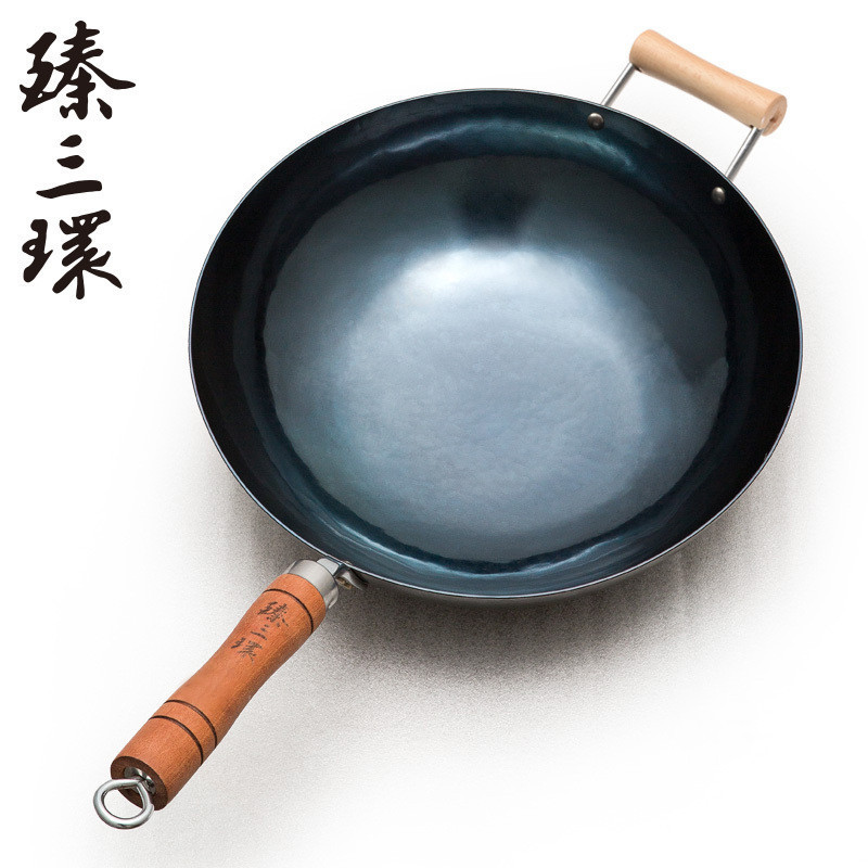 臻三环章丘铁锅家用炒锅传统老式带耳炒菜锅盛级轻音烧菜锅 盛级轻音 古法烤蓝34cm加锅耳