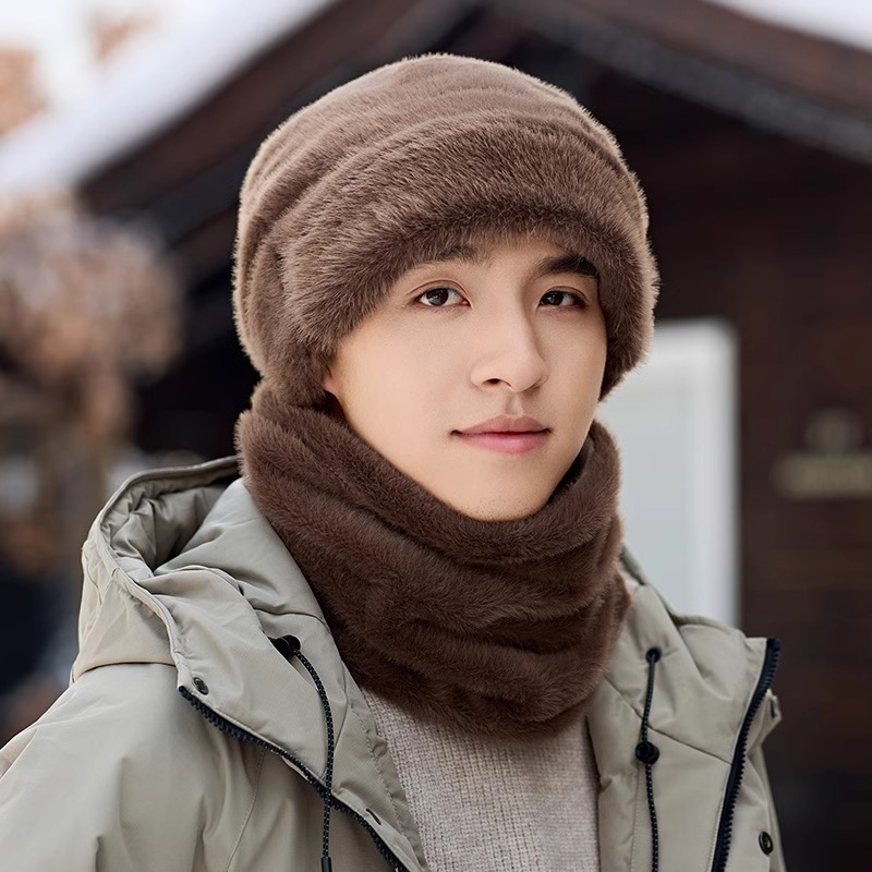 帽子男2024冬季保暖套头帽围脖骑行护耳防风加绒加厚面罩护颈围绒 咖色加厚保暖-护耳防风