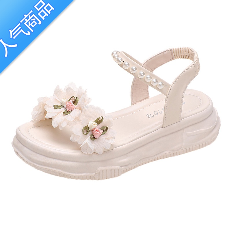 SUNTEK凉鞋2023年新款女夏平底珍珠花朵少女小清新配裙子chic沙滩罗马鞋高清大图