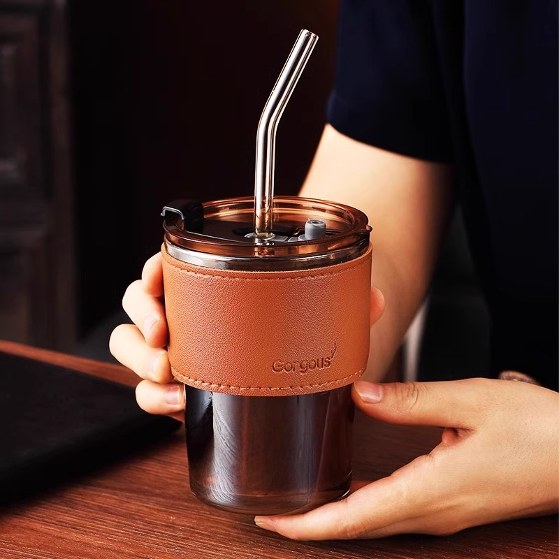 ins风玻璃杯带吸管带盖水杯女生高颜值咖啡杯冰美式竹节杯子高清大图