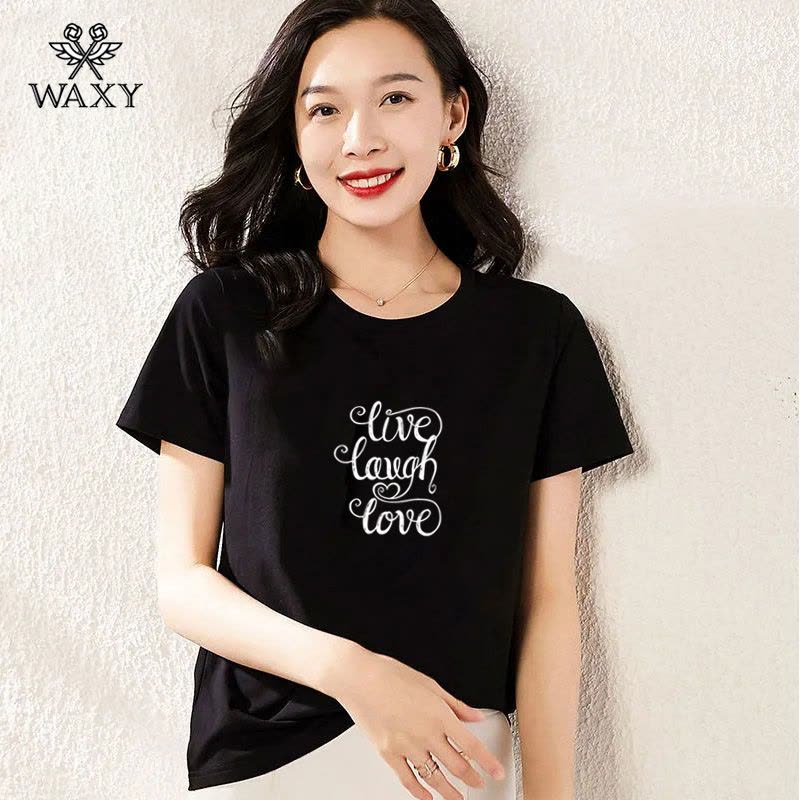 WAXY2022年新款纯棉短袖t恤女夏季正肩法式韩版时尚百搭休闲ins风图片