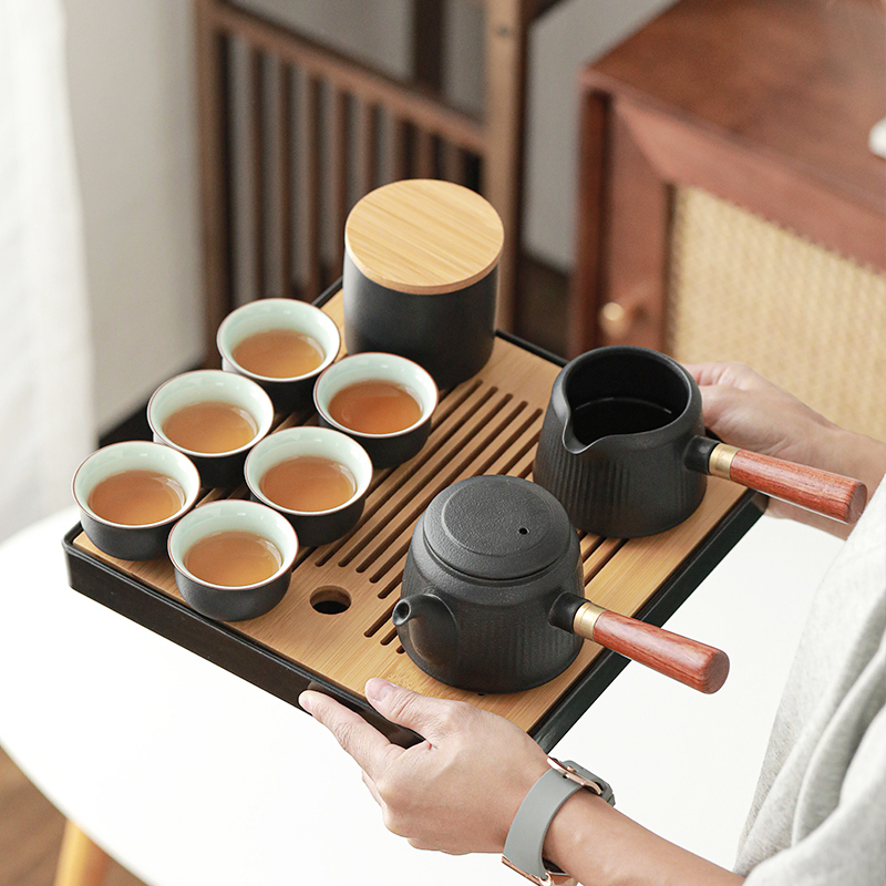 苏氏陶瓷(SUSHI CERAMICS)茶具套装 粗陶线条茶壶竹面储水式茶盘套组带礼盒