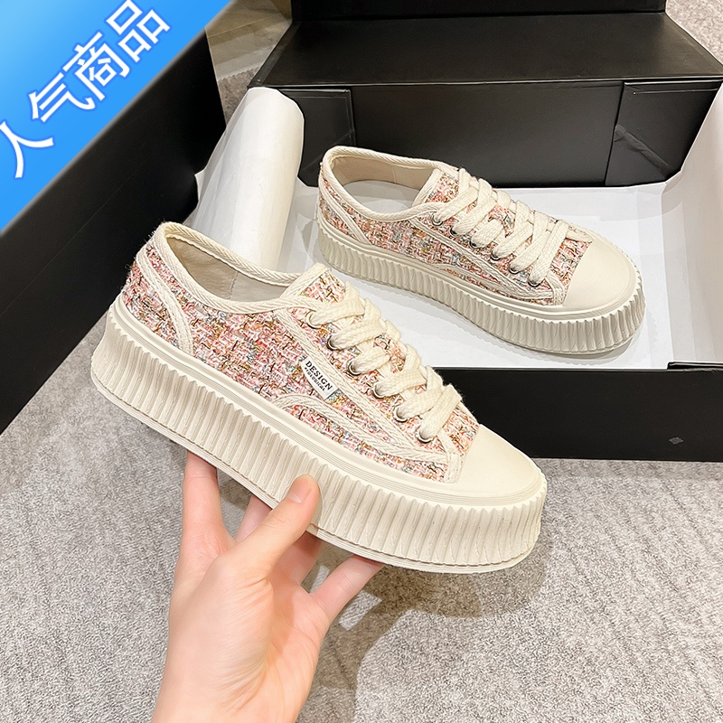 SUNTEK厚底饼干鞋女款小香风鞋子帆布鞋女2023新款女鞋夏季透气百搭板鞋高清大图