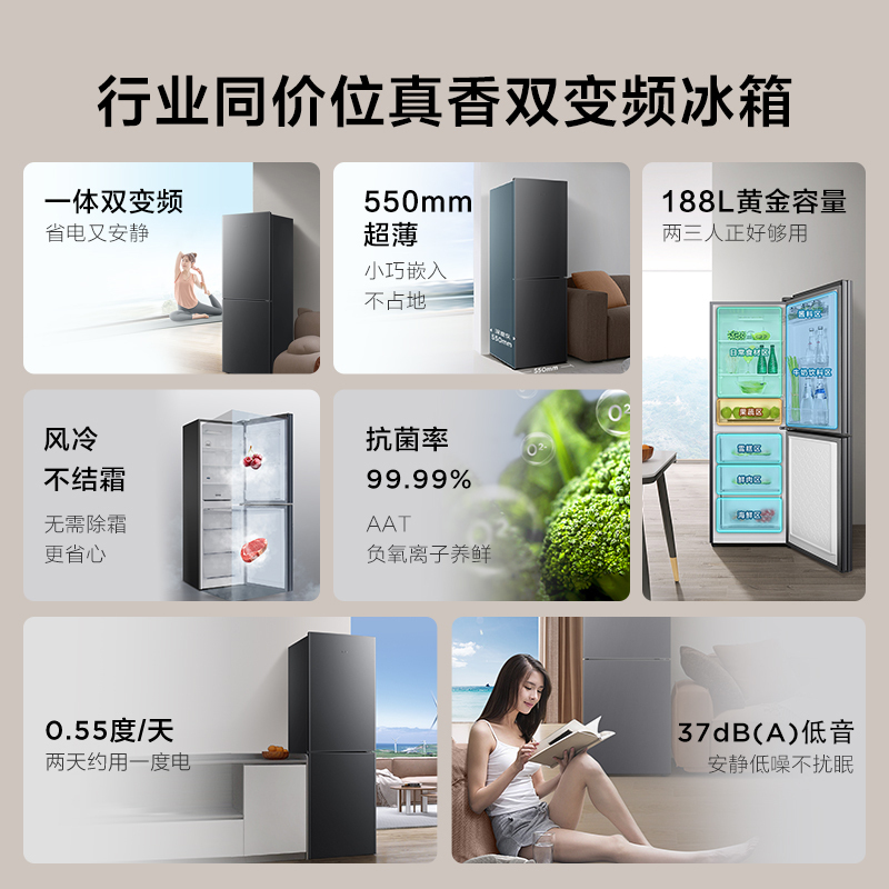 TCL 188升双门小型家用电冰箱双变频风冷无霜节能低音超薄迷你冰箱 小居租房宿舍 便携耐用R188V7-B晶岩灰