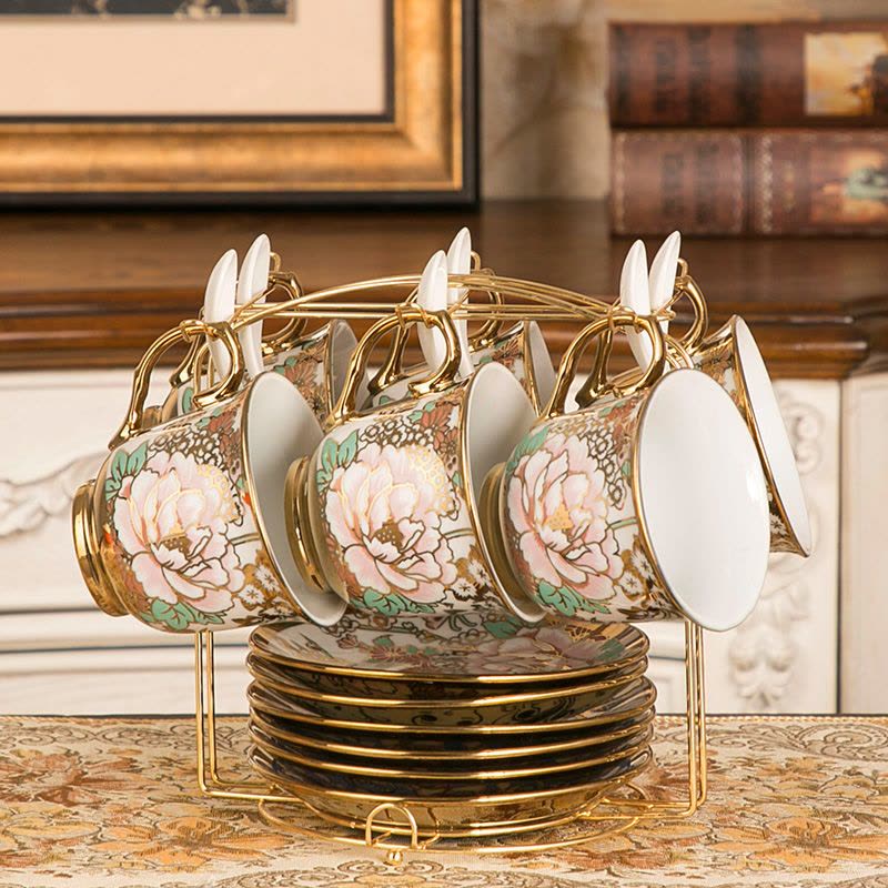 咖啡杯套装英式红茶杯陶瓷水杯子欧式茶具6件套家用办公室马克杯|如意2杯碟勺+架子图片