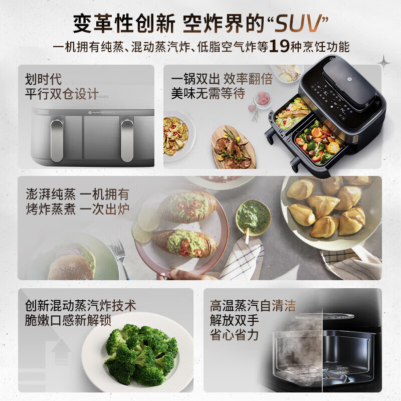 飞利浦(PHILIPS)双仓空气炸锅 家用蒸烤一体机 双仓大容量全自动 [黑色] 9L NA555/00高清大图