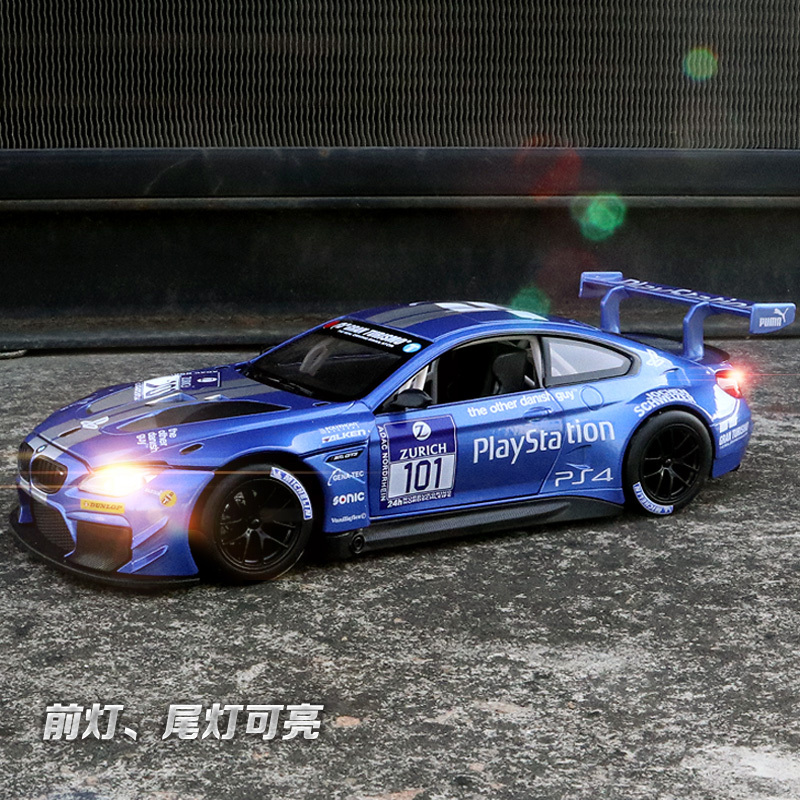 124拉力赛车m6gt3合金汽车模型声光前轮可转向玩具车模收藏m4白盒装