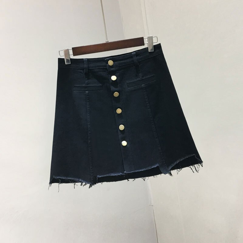 牛仔短裙女2018春夏不规则毛边高腰A字裙单排扣弹力包臀裙半身裙