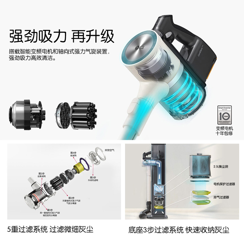 韩国原装进口LG A9T-ULTRA 家用无线手持吸尘器 吸拖擦一体 宠物家庭适用 200AW大吸力 持久续航(奢华白)