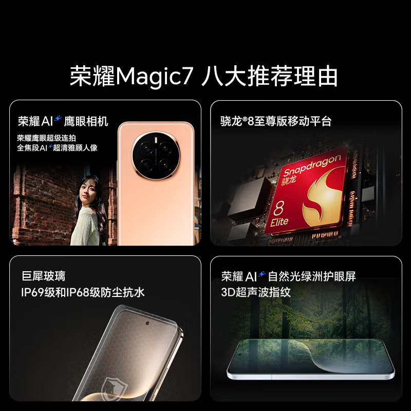 荣耀Magic7 绒黑 12GB+512GB 骁龙8至尊版5G芯 100W快充 5650毫安海湖电池 防尘防水5G手机高清大图