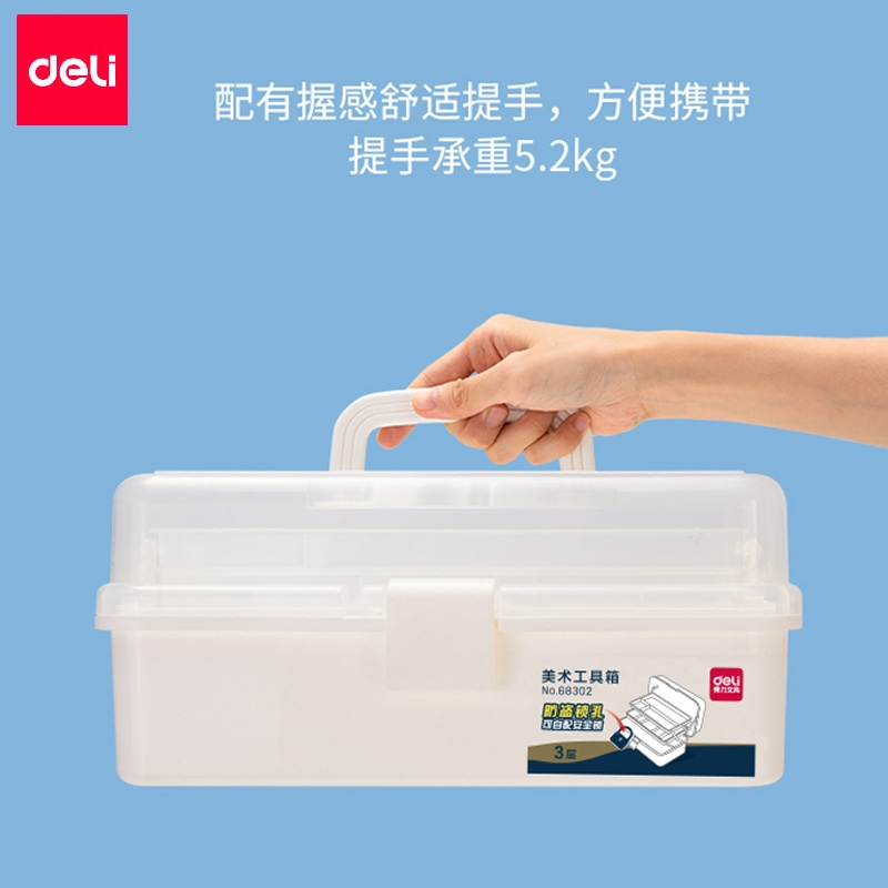 得力(deli)水粉画工具箱多功能美术工具箱透明小学生绘画画画用的工具箱 3层美术收纳箱大号_13寸全新PP料