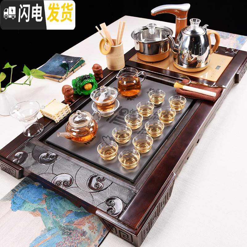 三维工匠功夫茶具套装家用紫砂简约整套茶杯实木茶盘泡茶台茶道全自动 福螺瓷板玻璃全自动 32件高清大图