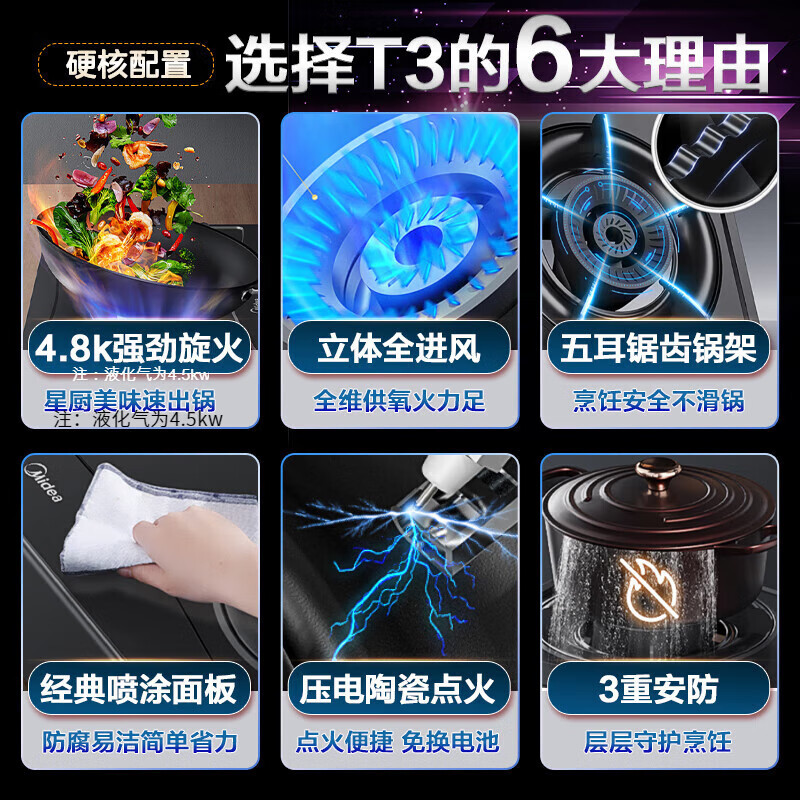 美的(Midea)台式嵌入式燃气灶天然气双灶大火力灶具家用4.8kw猛火灶灶台双眼燃气灶双灶炉具T3液化气