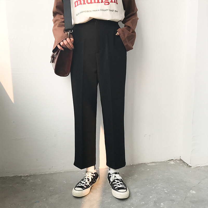 秋装新品韩国女装纯色西装裤基础高腰显瘦九分裤百搭休闲裤女裤子黑色