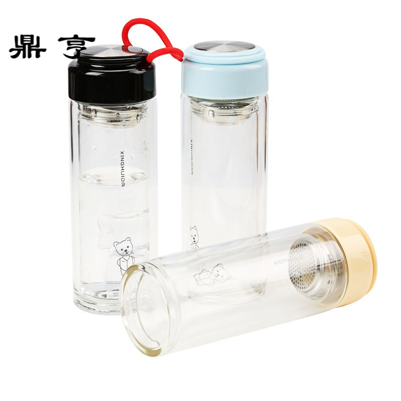 鼎亨创意便携双层玻璃杯耐热玻璃杯子家用泡茶杯过滤带盖透明喝水