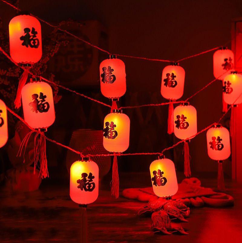 新年小红灯笼春节彩灯串灯冬瓜笼过年氛围家用装饰-10cm福字长灯笼-18灯5米-常亮【插电超亮款】