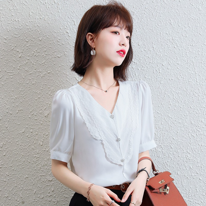 pass夏季最新款纯色v领褶皱短袖年轻雪纺衫女时尚小衫上衣休闲