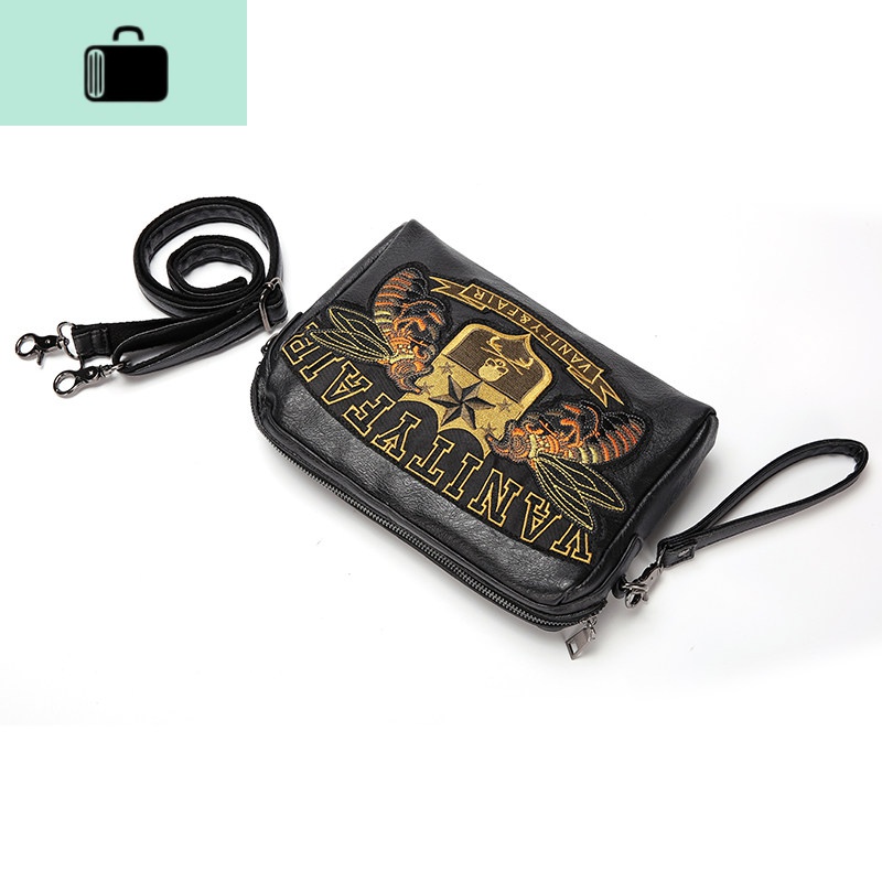 刺绣图案男包单肩包国潮小背包 韩版男士斜挎包横款多功能手拿包NEW LAKE 黑色男士手拿包