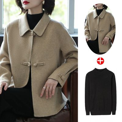 恒源祥中年妈妈秋装羊毛呢外套2024新短款中老年女双面羊绒大衣冬 驼色+黑色打底衫 M建议85-105斤