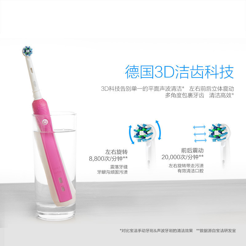 博朗(BRAUN)欧乐B6003D声波智能旋转式电动牙刷 粉色版 智能压力感应 防水机身 感应式充电