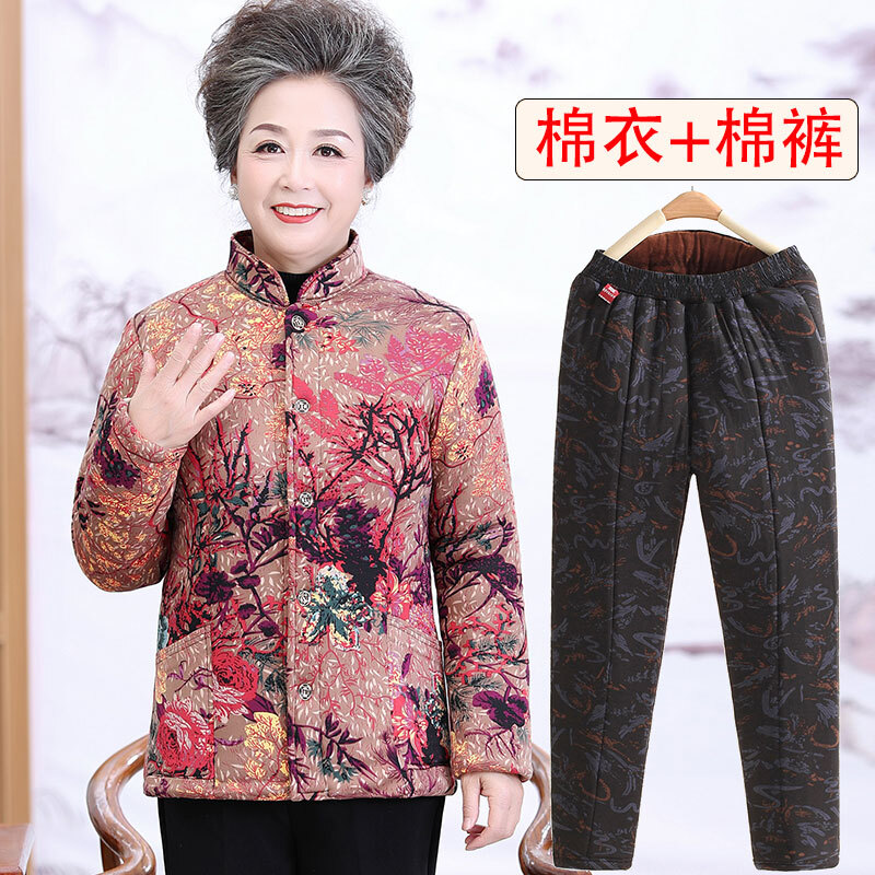 迪鲁奥(DILUAO)50岁60岁妈妈婆婆穿的棉服奶奶冬装棉衣女老年人秋冬居家内胆老太太厚棉服妈妈冬装小花棉袄 6号+棉裤 小号3XL(建议80-110)