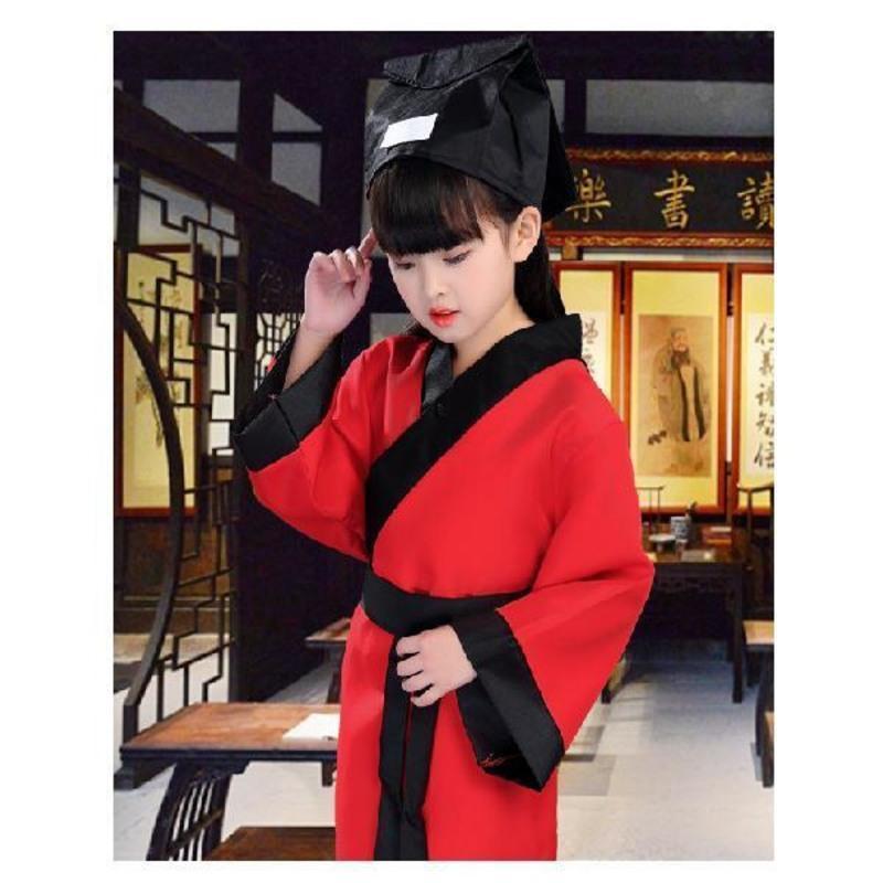 开笔礼汉服儿童古装国学服装男女童学生三字经幼儿经典书童演出服 红色 100