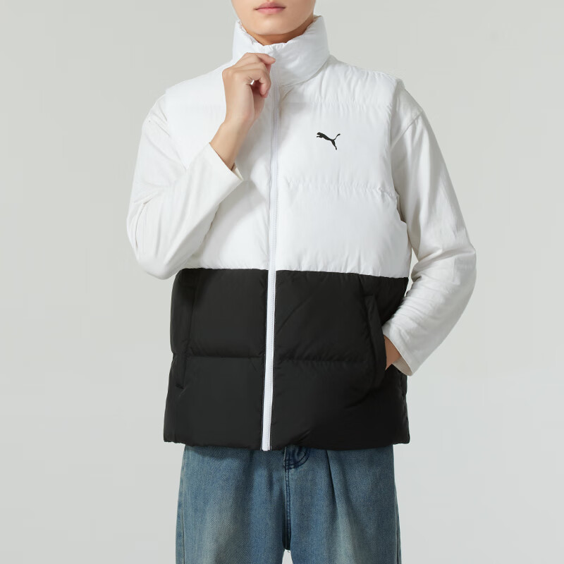 彪马（PUMA）羽绒马甲男装新款立领防风保暖羽绒背心外套撞色拼接马甲687300-51 ZP L 687300-51/白色/黑色