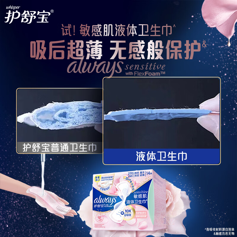 护舒宝 敏感肌液体卫生巾 日用270mm*14片 超薄护肤高清大图