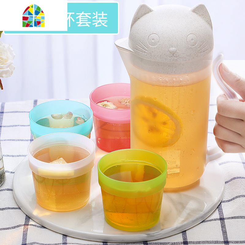 冷水壶家用塑料北欧创意简约宿舍客厅可高温耐热凉水壶冷水杯套装 FENGHOU [原麦色]一壶四杯五件套高清大图