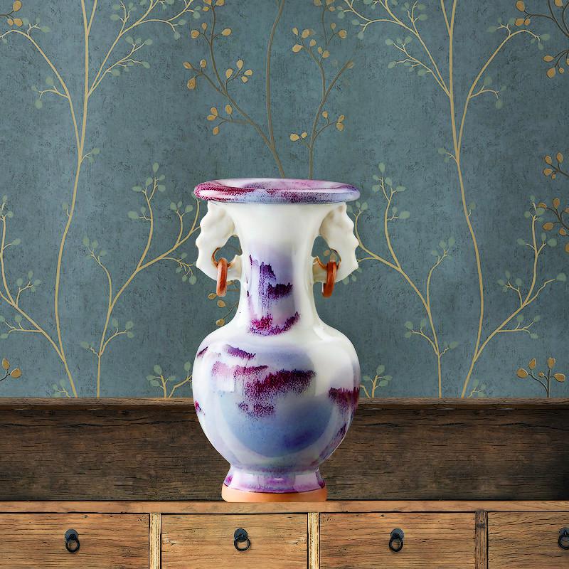 景德镇陶瓷仿古钧瓷小花瓶插花中式家居装饰品客厅工艺品摆件瓷器 三维工匠 窑变山水双耳瓶小号高清大图