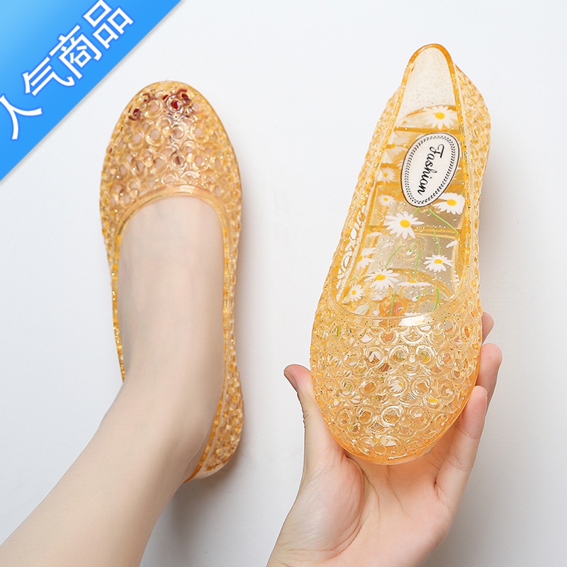 SUNTEK网红水晶果冻镂空凉鞋女夏防滑坡跟妈妈外穿时尚简约包头T头女外高清大图