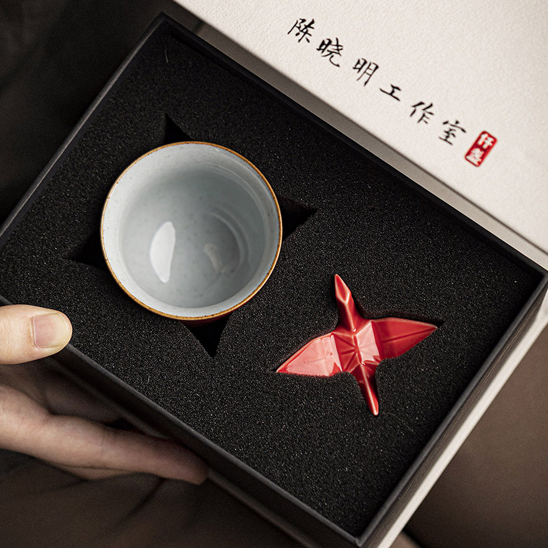 領藝 优选茶杯主人杯陶瓷品茗杯小茶杯中式茶礼功夫茶具 石红瑞鹤宽宏铜底杯礼盒装