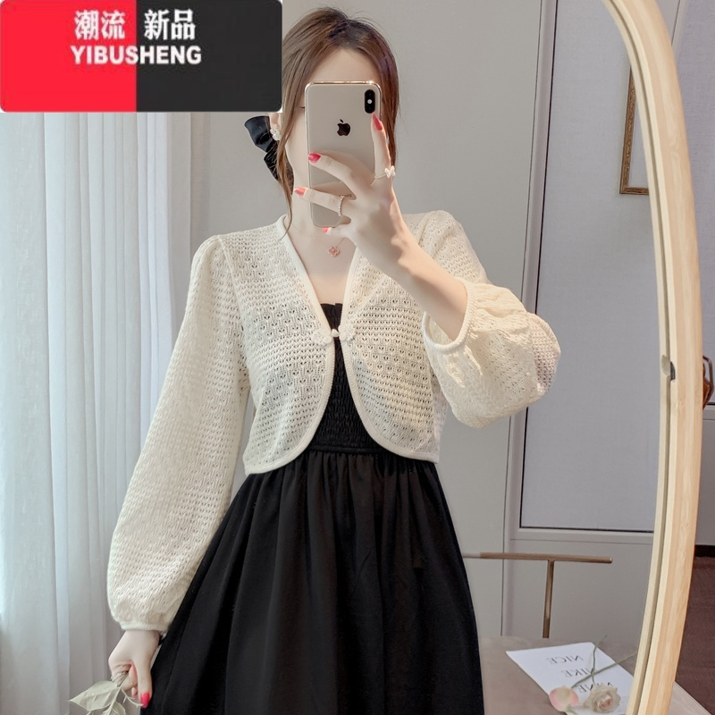 YIBUSHENG早秋薄款配吊带针织罩衫女防晒衣外搭开衫短款新中式盘扣披肩外套