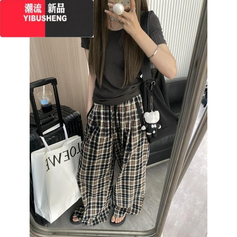 YIBUSHENG2024新品阔腿裤女季宽松显瘦直筒高腰复古撞色格纹拖地休闲裤子