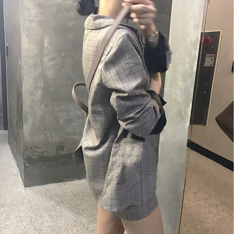 春装韩版复古英伦格子西装外套时尚套装+高腰半身裙短裙两件套女