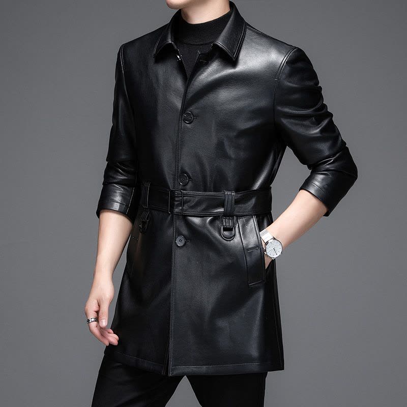 春秋季海宁真皮皮衣男士中长款风衣西装领中青年潮流真皮外套2023新款海宁真皮中长款真皮皮衣男士真皮风衣翻领男士春装图片