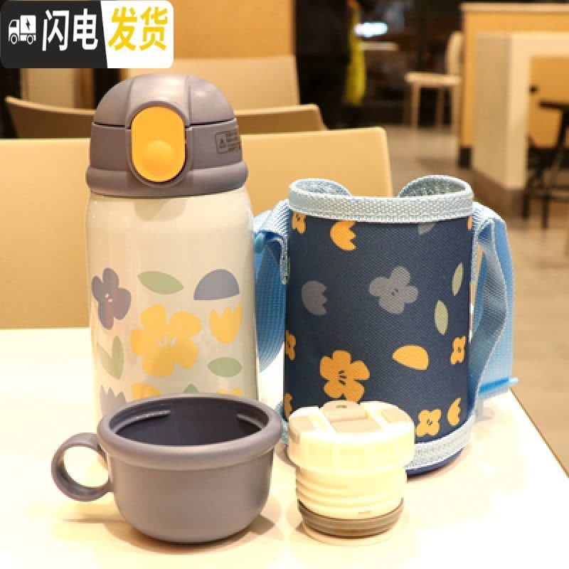 三维工匠双盖两用带布套小孩保温水壶便携户外儿童保温杯带吸管宝宝喝水杯 浅蓝色360双盖送布套542图片