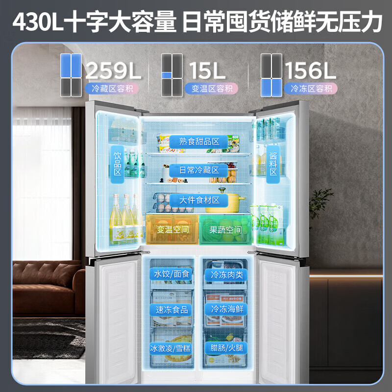 [自营]华凌冰箱美的出品450无霜冰箱家用净味十字门双变频电冰箱3-4人用 新国标真一级HR-450WSPB 星烁银高清大图