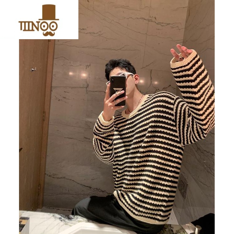 YANXU秋季复古钩花条纹镂空针织毛衫长袖男设计感慵懒风休闲打底衫上衣高清大图