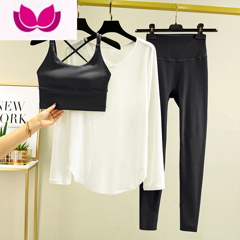 七斓美背瑜伽服套装高级感女2023新款专业高端运动蜜桃臀健身服春 夜幕黑胸衣+白色罩衫+夜暮黑长裤 L码建议111斤-125斤