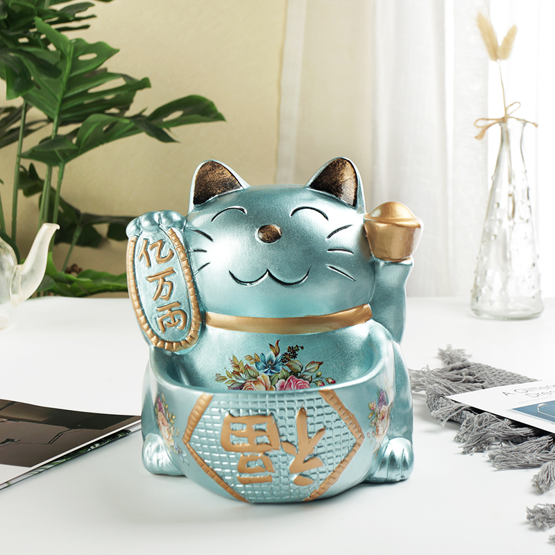猫摆件欧式美式家居酒柜玄关装饰品鞋柜钥匙收纳盘创意礼品 三维工匠 湖水蓝猫高清大图