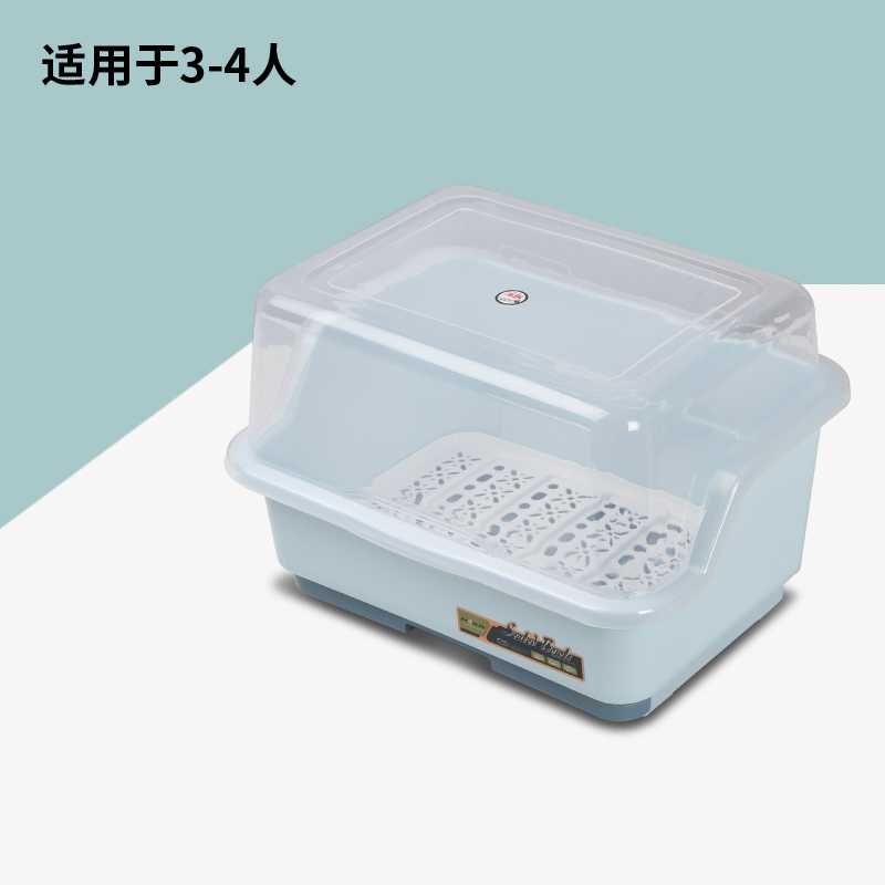 装碗筷收纳盒放碗箱沥水碗架厨房家用带盖碗盆碗碟置物架塑料碗柜 升级款抽屉式蓝色中号